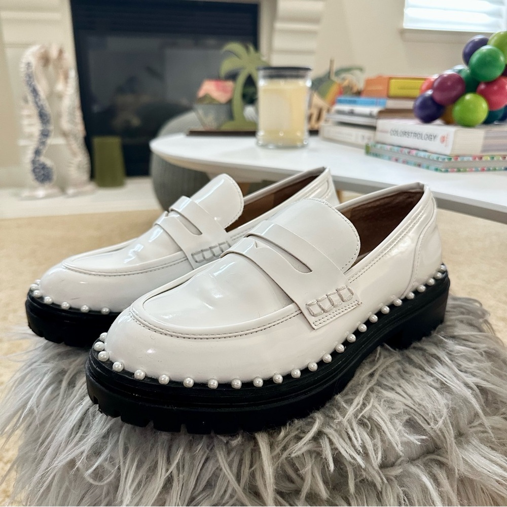 INC International Concepts White Loafers with Pearl Trim